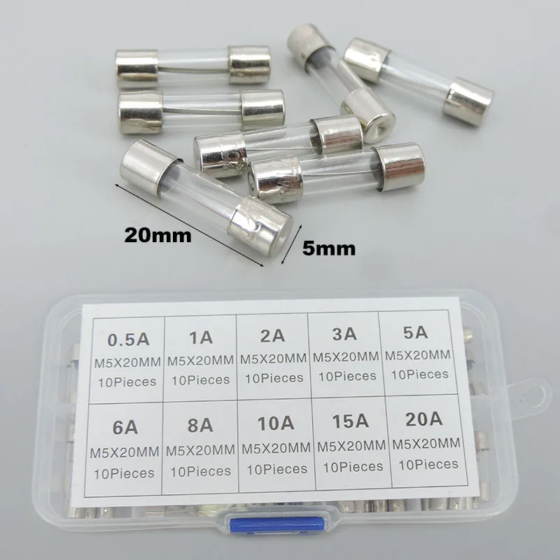 100Pcs/box 5x20mm Quick Blow Glass Tube Fuse Assorted Kits,Fast-blow Glass Fuses 5x20 0.5A 1A 2A 3A 5A 6A 8A 10A 15A 20A