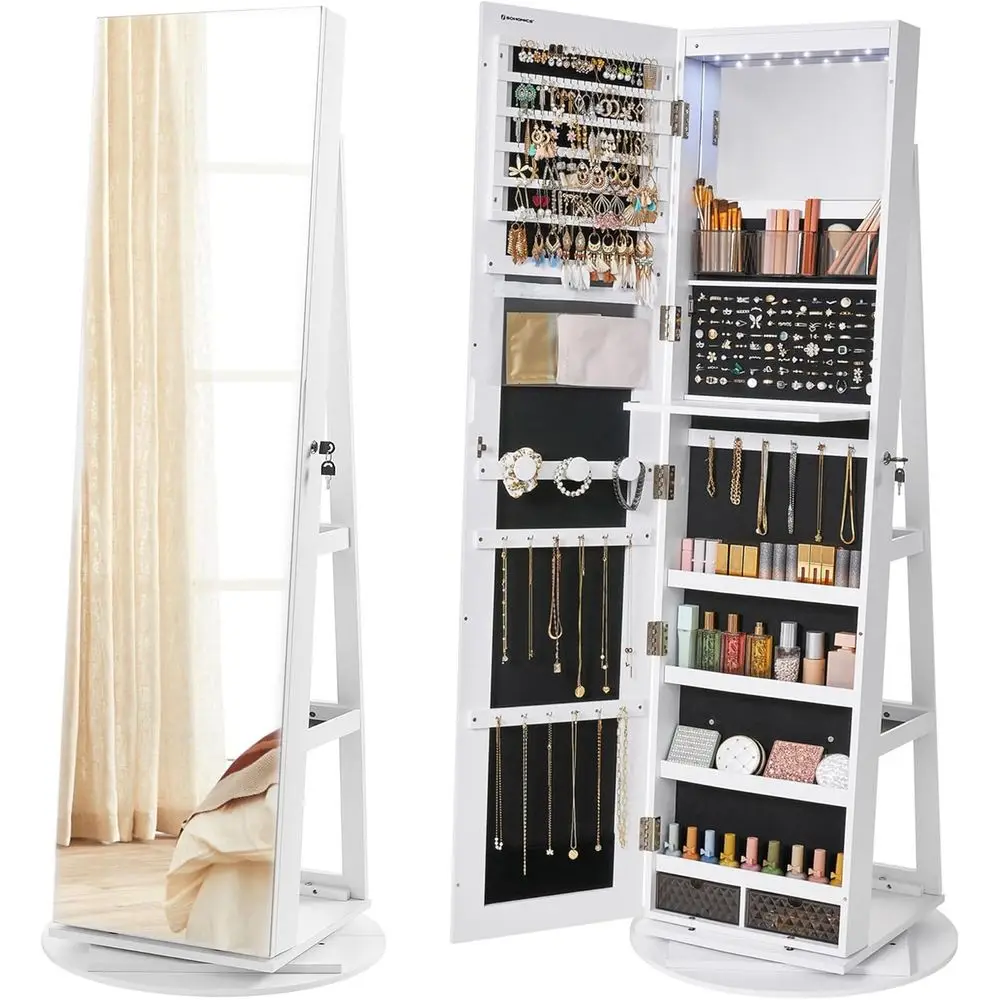 

360° Swivel Jewelry Cabinet with Lockable Mirror and 3 Shelves, White Finish, Black Lining