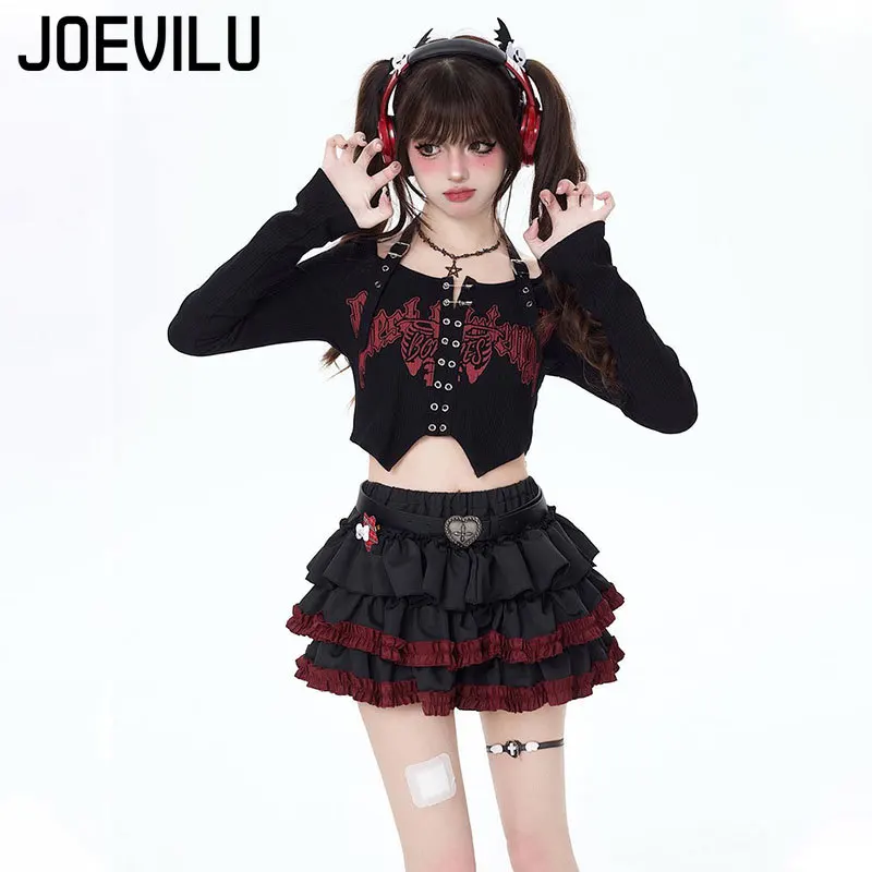 JOEVILU Punk Y2K Baddie Set Gonna torta slim fit scura Top corto con scollo all'americana e set da due pezzi Abito da donna di nicchia in stile coreano