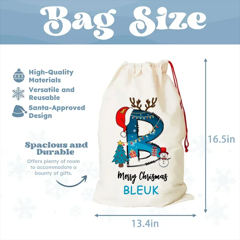 12x16in Personalized Name Gift Bag Merry Christmas Santa Sack Kids Present Gift Bag Drawstring Bag Christmas Gift for Boys Girls