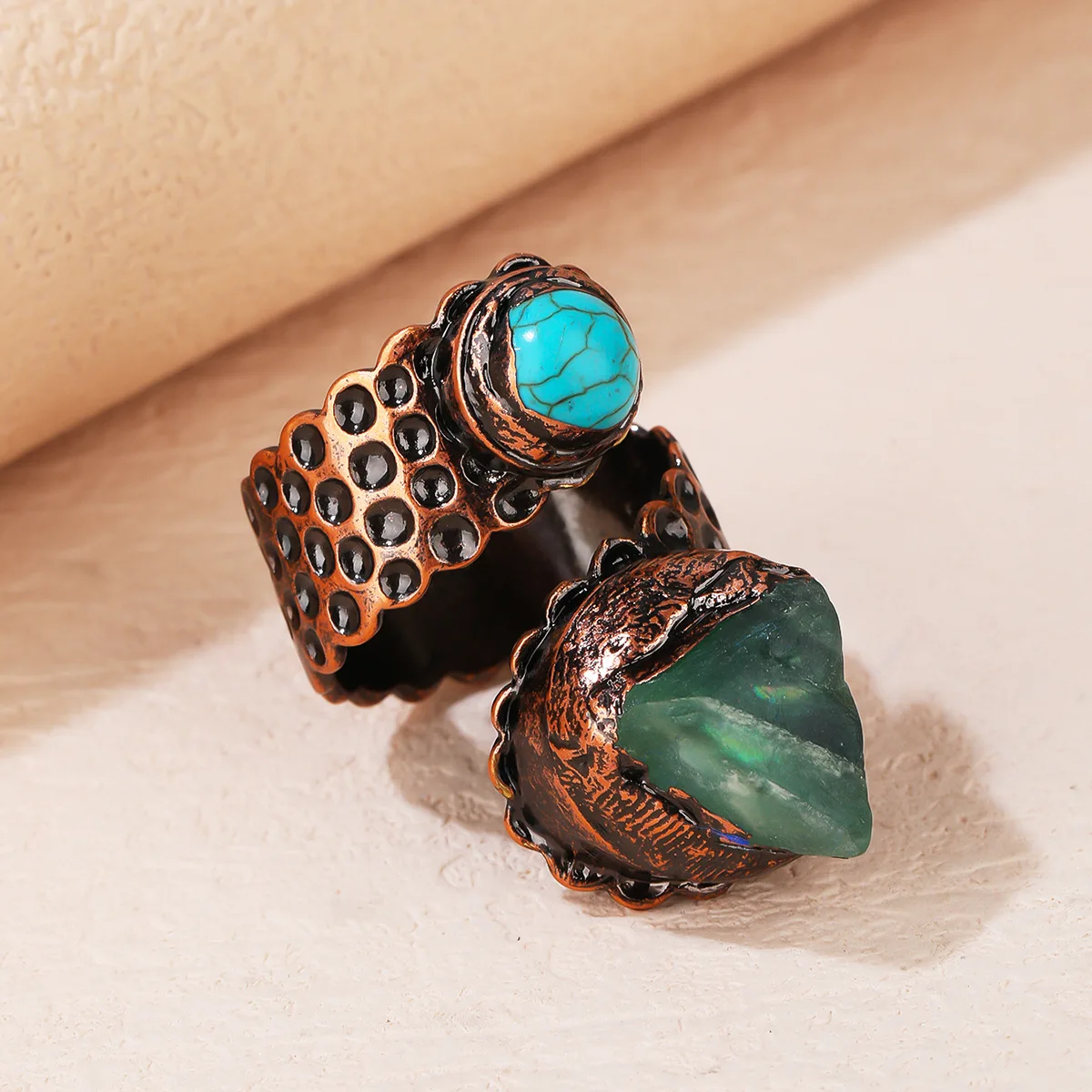 YEEVAA Green Fluorite Stone Turquoise Adjustable Ring Healing Crystal Gemstone Bronze Plated Double-headed Handmade Jewelry