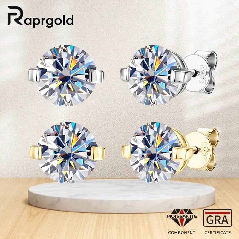 RAPRGOLD 0.5-2ct Round Cut Moissanite Solitaire Piercing Stud Earrings for Women S925 Sterling Silver Girls Fine Jewelry Gifts