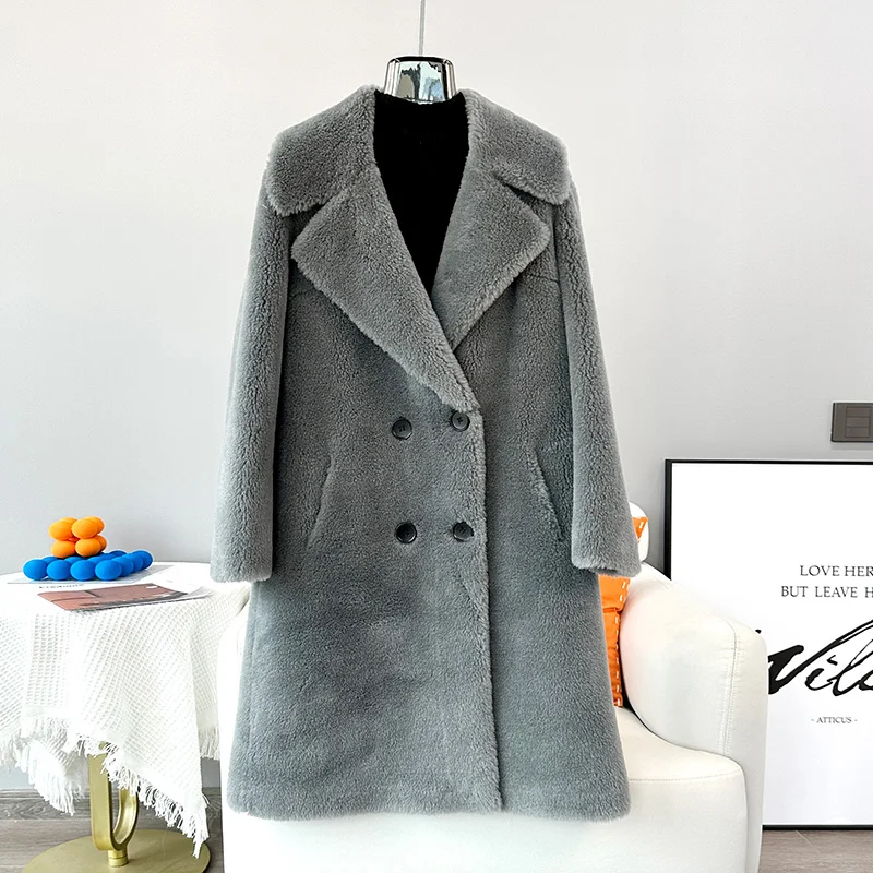 2023 Winter Women Sheep Shearling Mid-long Jacket Female Lamb Wool Warm Coat OverCoat JT3372