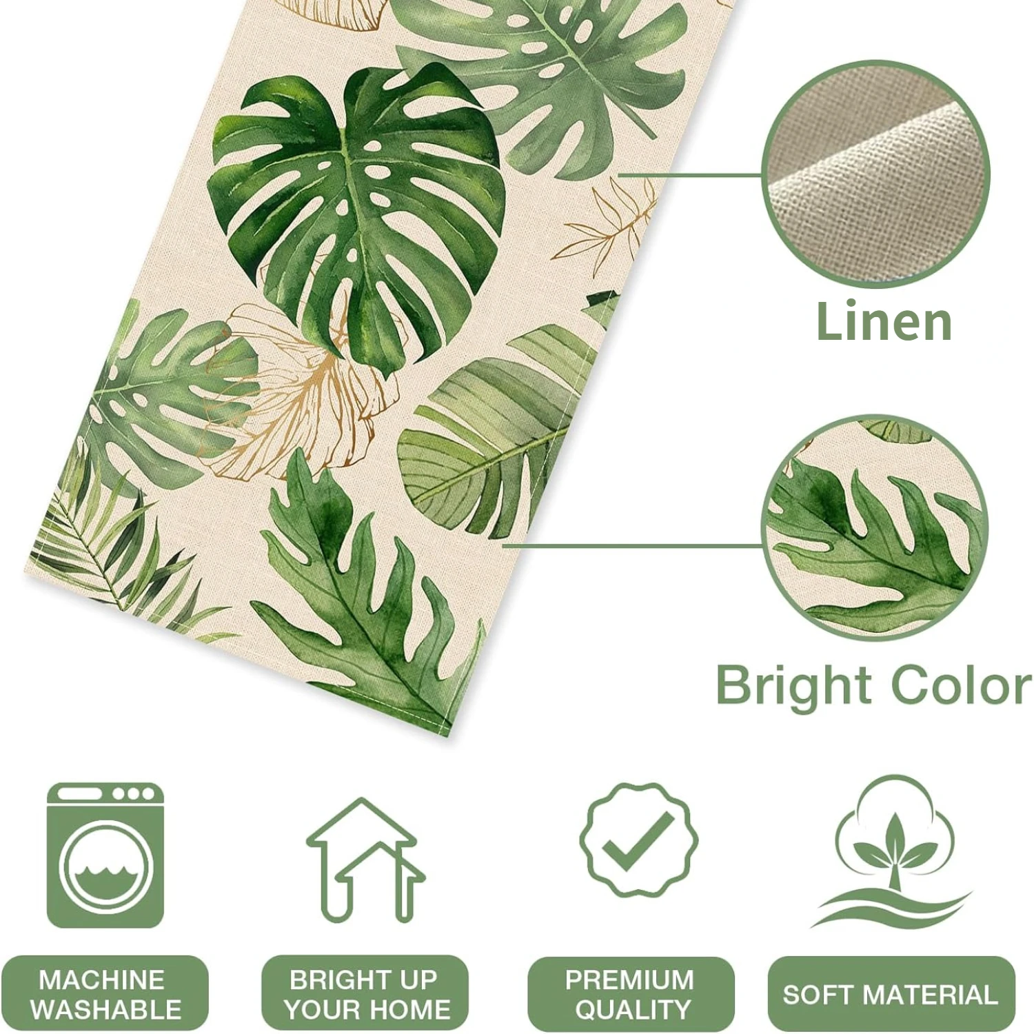 Summer Palm Leaves Tropical Greenery Linen Table Runners Spring Seasonal Home Kitchen Dining Table Decor Outdoor Party Decor