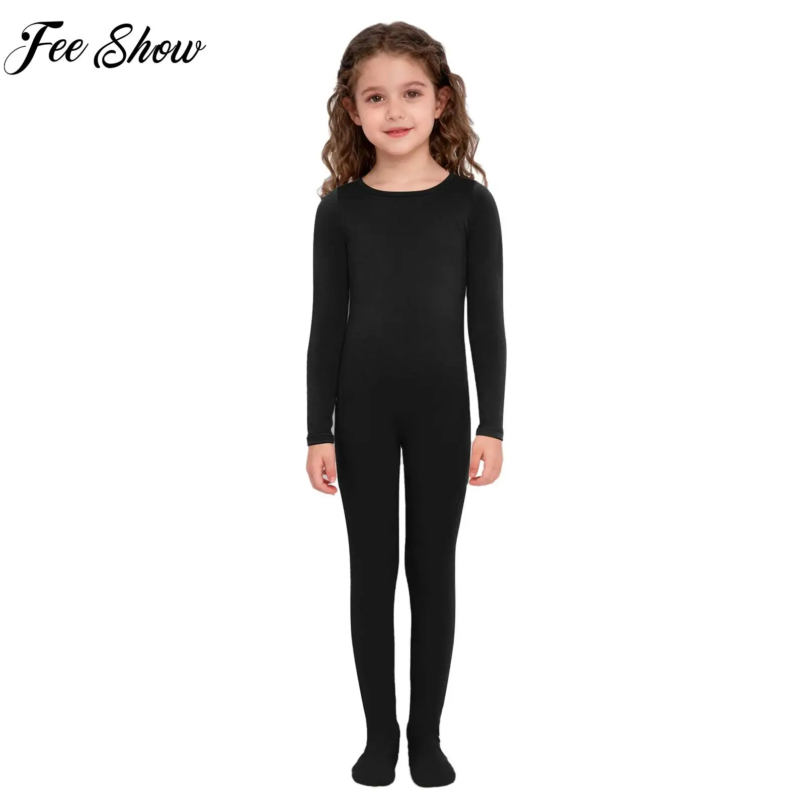 어린이 소녀 긴 소매 단색 발레 댄스 레오타드 바디수트 피겨 스케이팅 훈련용 점프수트