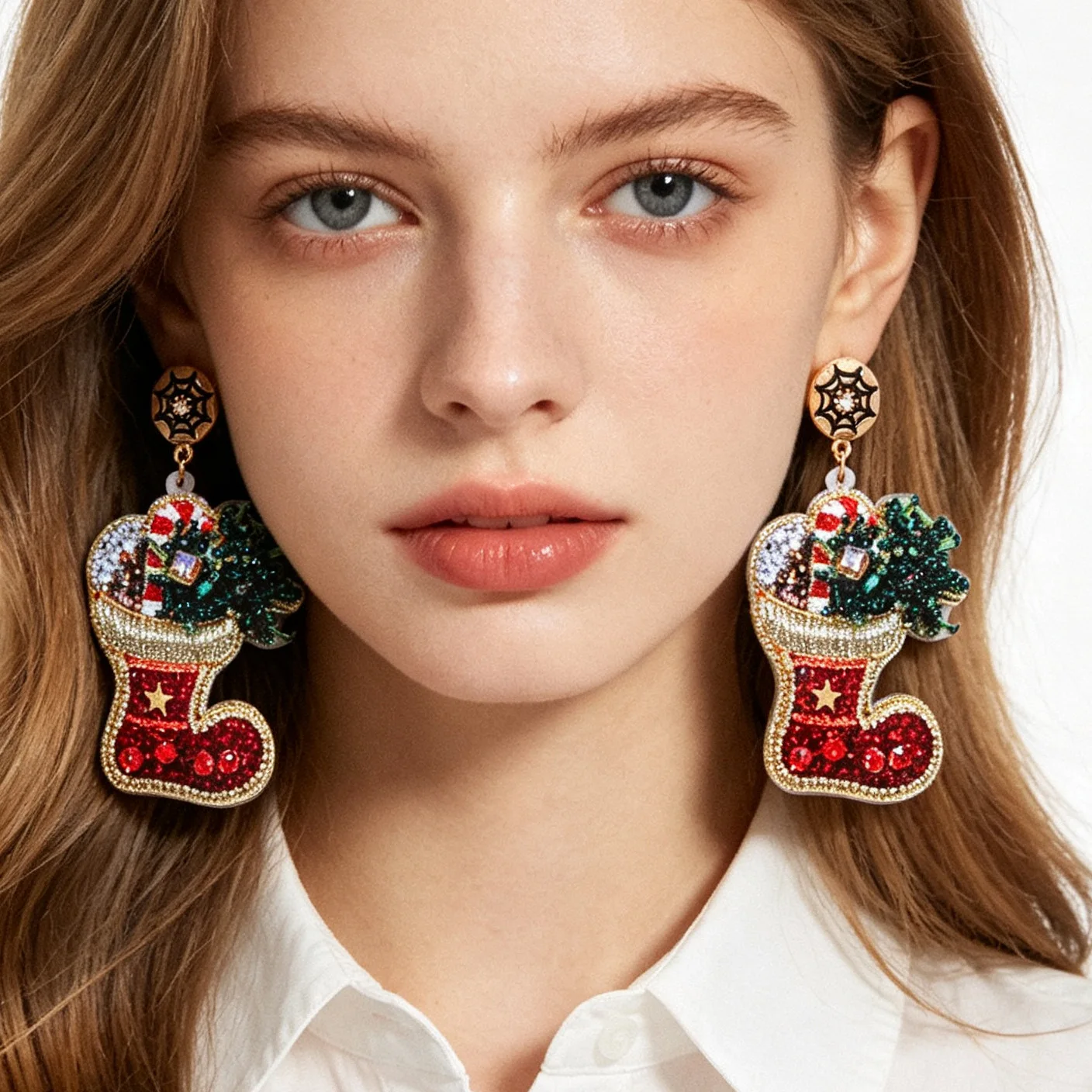 Christmas personality creative acrylic Christmas socks cane sugar earrings women's light luxury niche atmosphere earrings