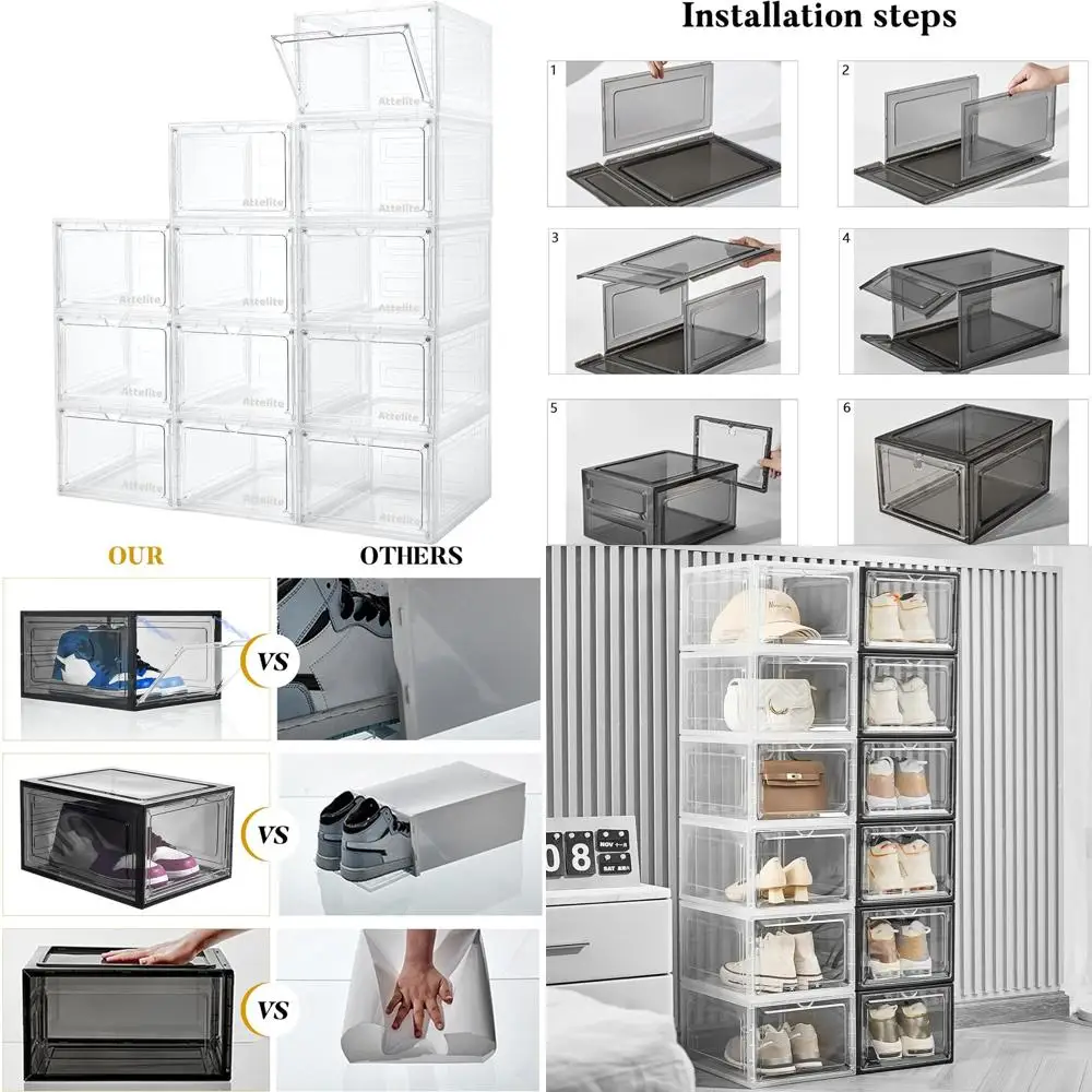 

Прочные штабелируемые пластиковые коробки-органайзеры для обуви с магнитными дверцами, X-большая конструкция с откидной передней частью