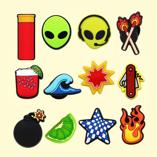 Original 1 Uds Alien Drink PVC accesorios de colgantes para zapatos decoraciones superiores ola de mar bomba de limón zuecos hebilla de diseñador Mini regalos para niños