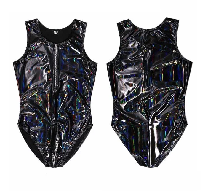 Men Sexy Customized Bodysuit Leotard Faux Leather Colorful Bright Stretchy Stylish Nightclub view 3