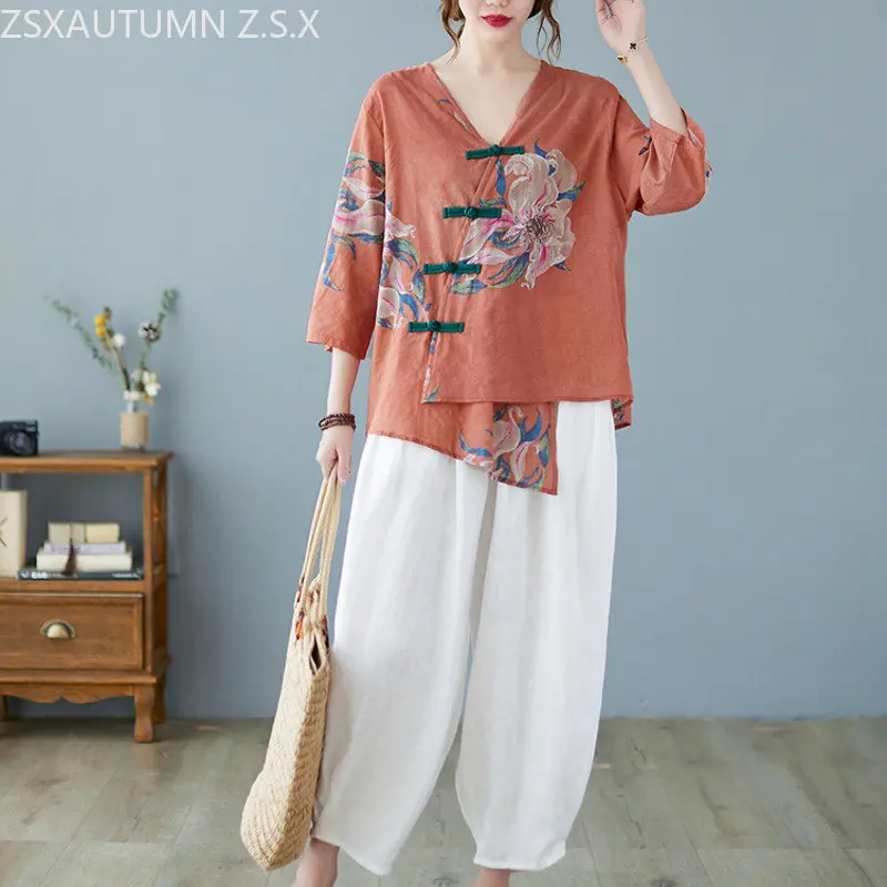 China Cotton Linen V Neck Tops Women Traditional Tang Suit Blouses Chinese Style Harajuku Irregular Printing Vintage Shirt Hanfu