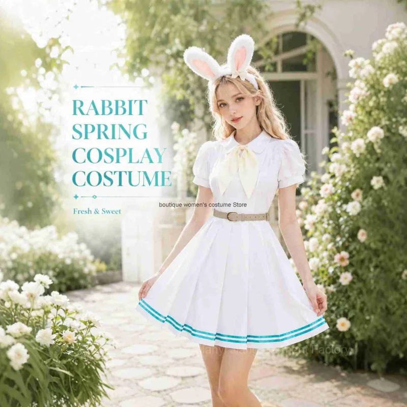 Beastars Haru Cosplay Costume White Pleated Dress Rabbit Ear Headband Anime Role Play Outfit Halloween Party Suit