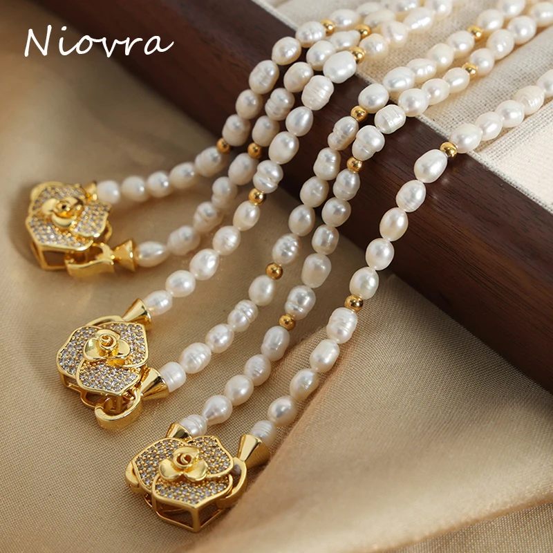 

Nivora Elegant Freshwater Pearl Necklace For Women Copper Flower Rhinestone Pendant Women Neck Choker Wedding Engagement Jewelry