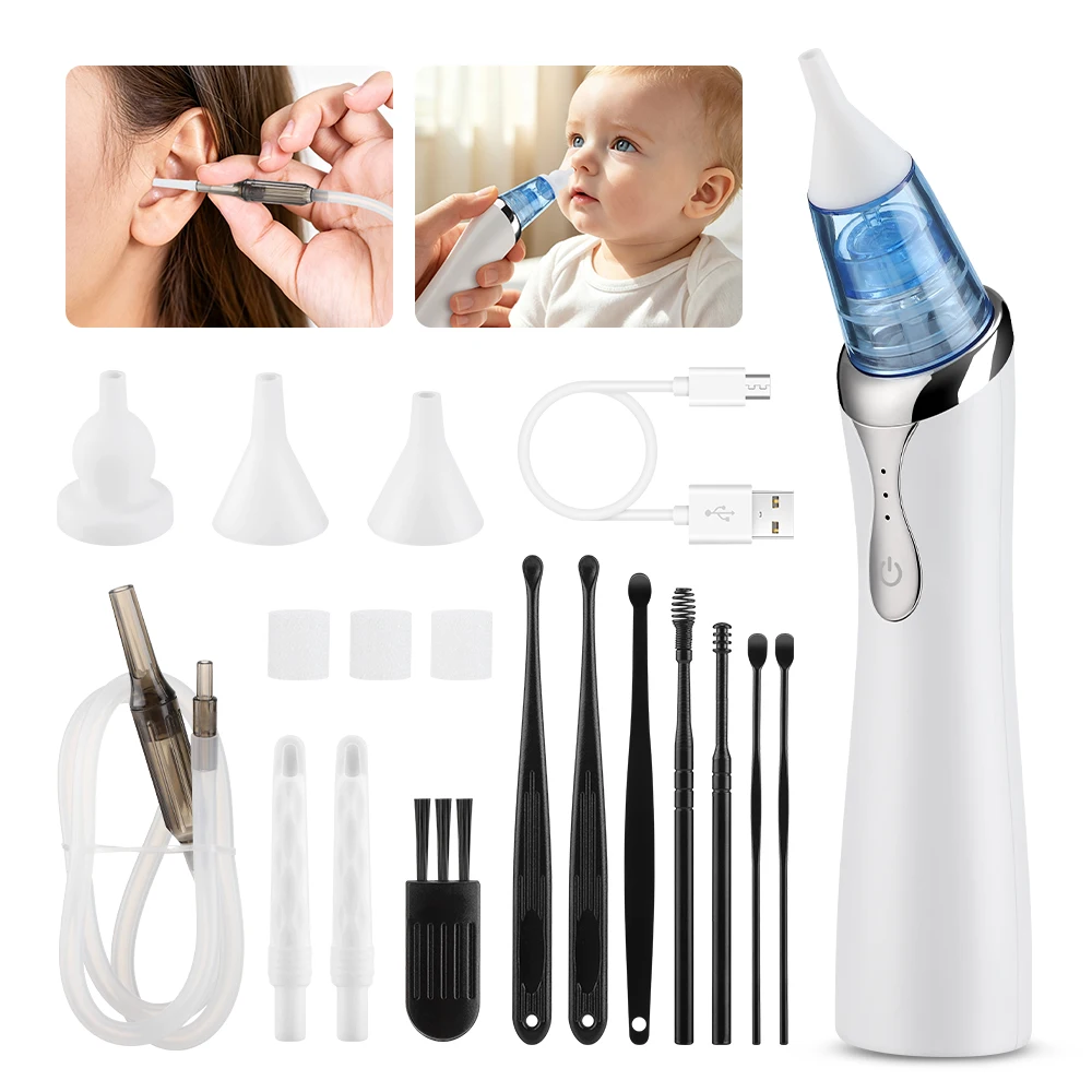 Electric 2-in-1 Baby Nasal & Ear Cleaner 3 Levels Suction Rechargeable Ear Wax Nasal Mucus Removal Kit Vacuum Nose Sucker
