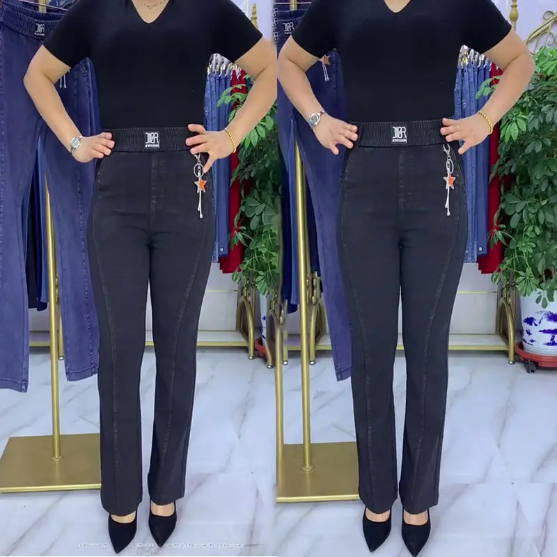 Middle-aged Women\'s Jeans Spring Fall Stretch Waist Denim Pants Large Size Loose Female Micro Flare Pants Winter Thick Warm Jean