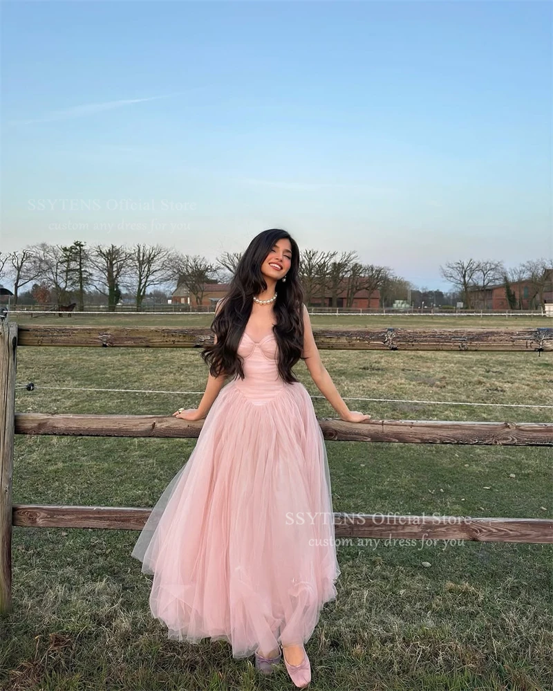 Ssytens blush rosa tule vestidos de baile alças espaguete quinceanera vestidos de baile comprimento chá sem mangas vestidos de festa personalizados
