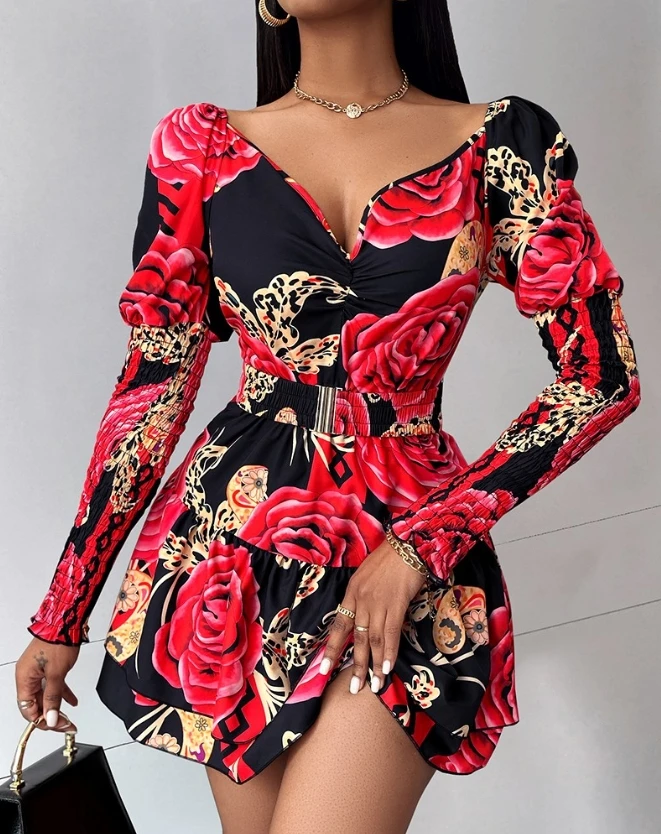 

elegant party dresses woman V-neck long sleeved waist tied rose print shirt long sleeved double-layer Midi women's party dresses