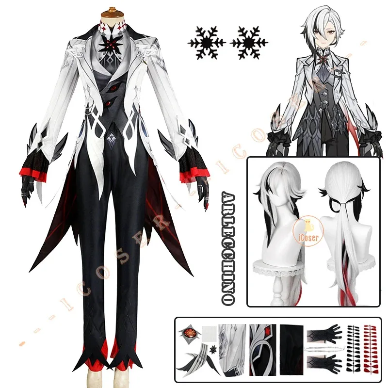 

Genshin Impact Arlecchino The Knave Cosplay Costume Long Wig Uniform Earring Eleven Fatui Harbingers Halloween Costume for Women