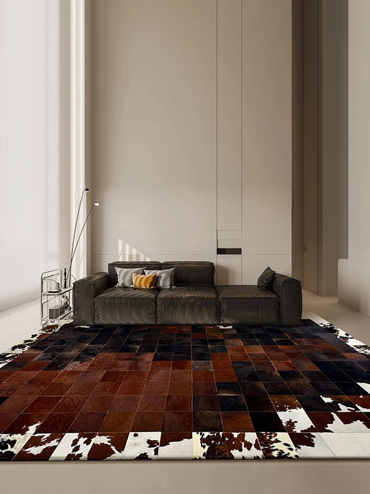 Modern Light Luxury Real Cowhide Patchwork Carpet Large Plaid Gradient Brown Living Room Rug Coffee Table Mat Bedroom Bedside