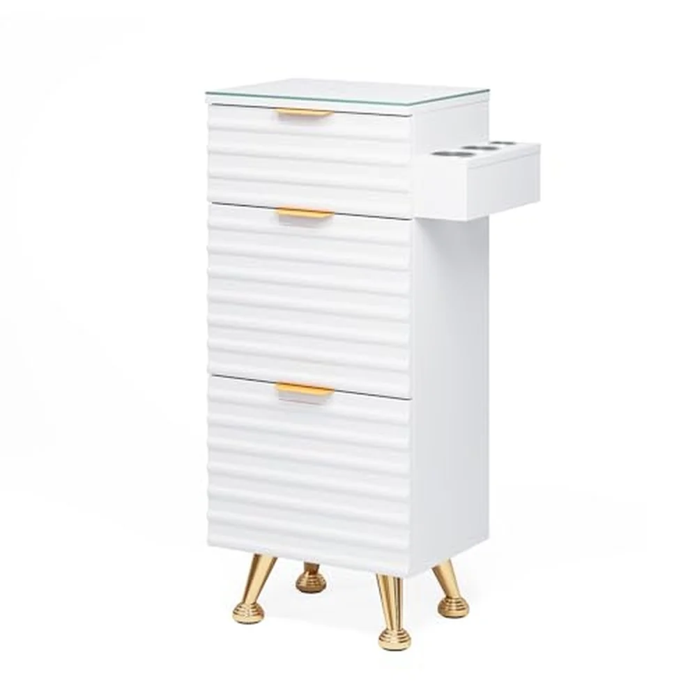 Professional Salon Station with Tempered Glass Top 3 Drawers Hair Stylist & Barber Storage Cabinet with Heat Resistant