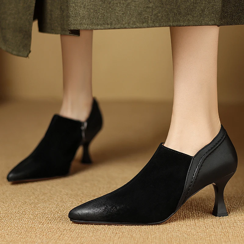 

2024 Women Fashion New Autumn Genuine Sheepskin Leather Slip-on Casual Shoes Office Ladies Pointed Toe Side Zip Stiletto Pumps