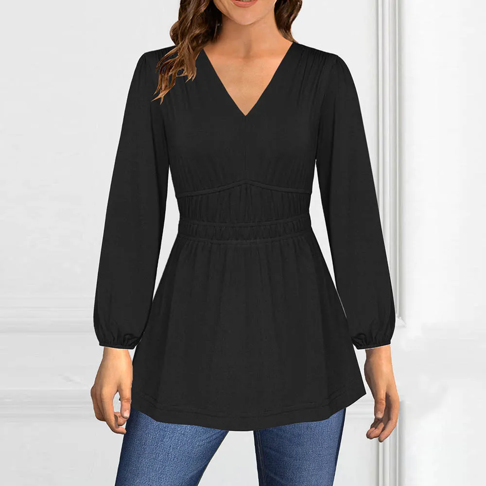 

Элегантная женская блузка больших размеров, однотонные рукава-фонарики с v-образным вырезом, повседневные весенне-летние рубашки, тонкие женские футболки с рюшами, футболки