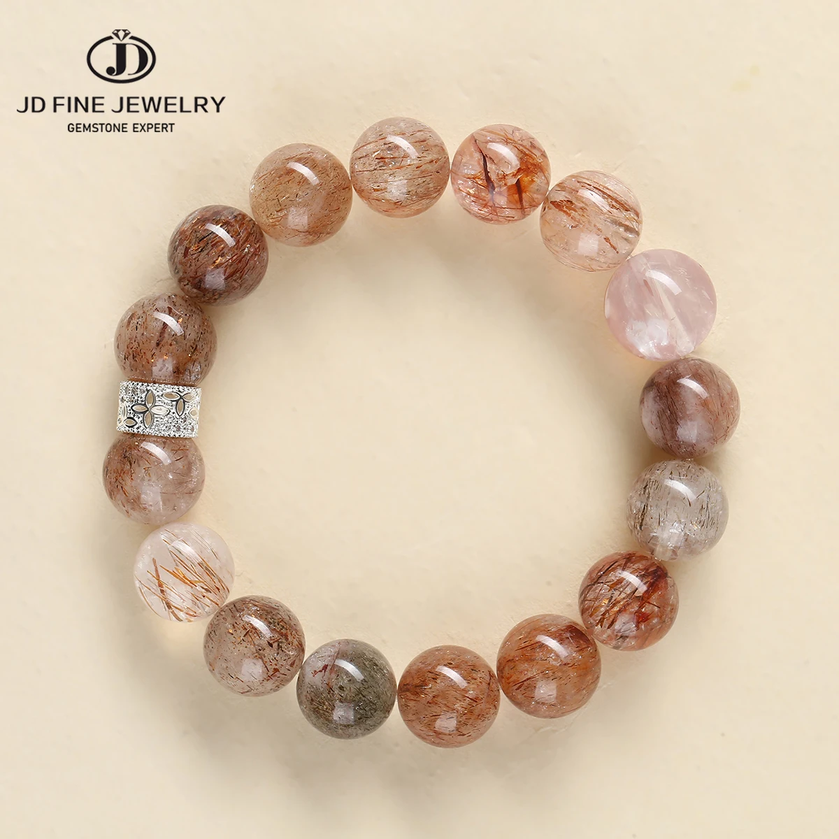

JD Natural Stone Black Super Seven Quartz and Red Flower Quartz Mixed Wealth Bracelet Women Elegant Lucky Stretch Hand Jewelry