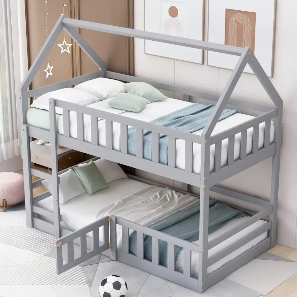 

Twin Over Twin House Bunk Bed, Floor Low Bunk Bed with Fence and Door, Solid Wood Bunks Beds Frame with Guardrails and Ladder