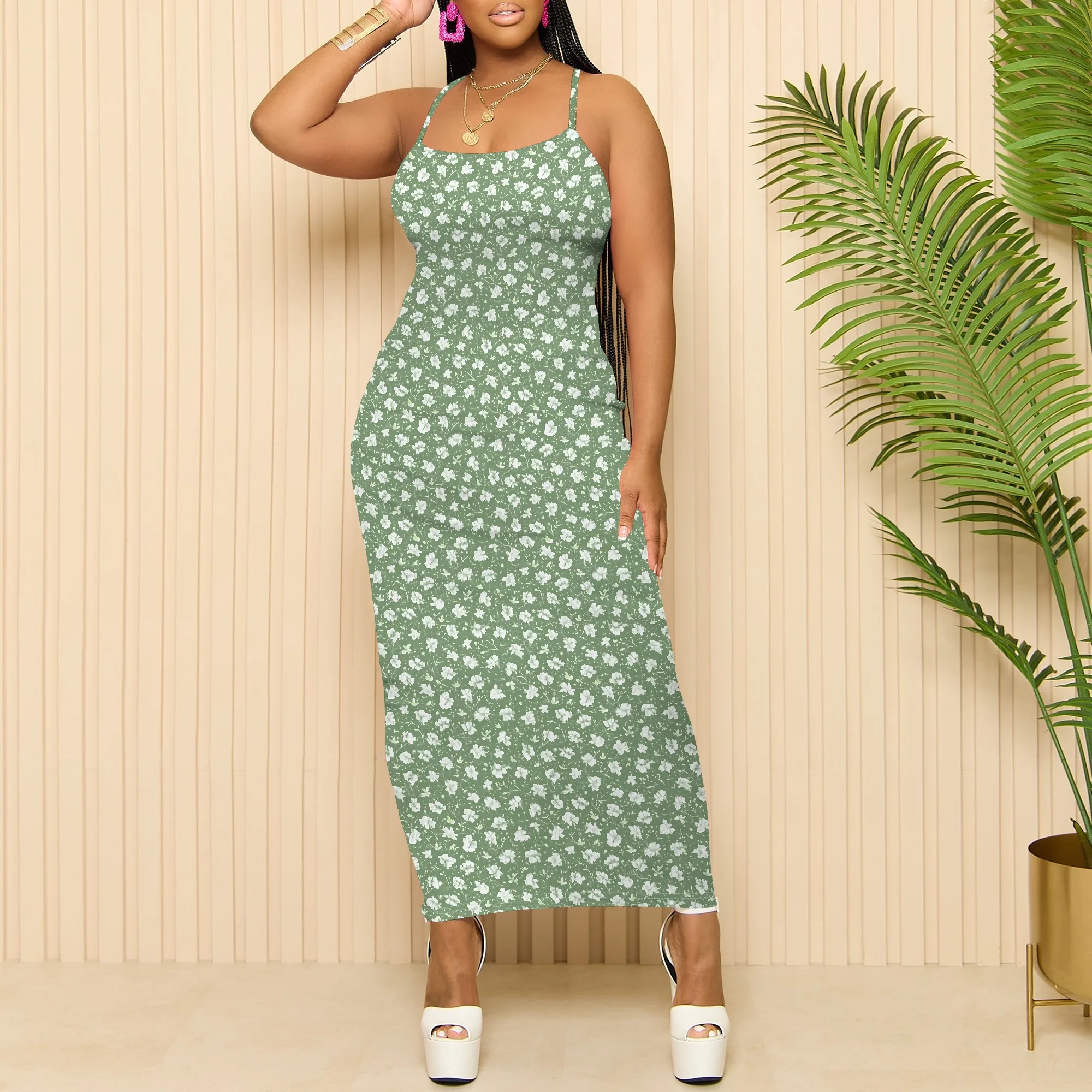 ฤดูร้อนผู้หญิงรอบคอหลวมสบายๆแฟชั่นพิมพ์ลายดอกไม้รูปแบบเซ็กซี่ Halter Bohemian Maxi ชุดยาว