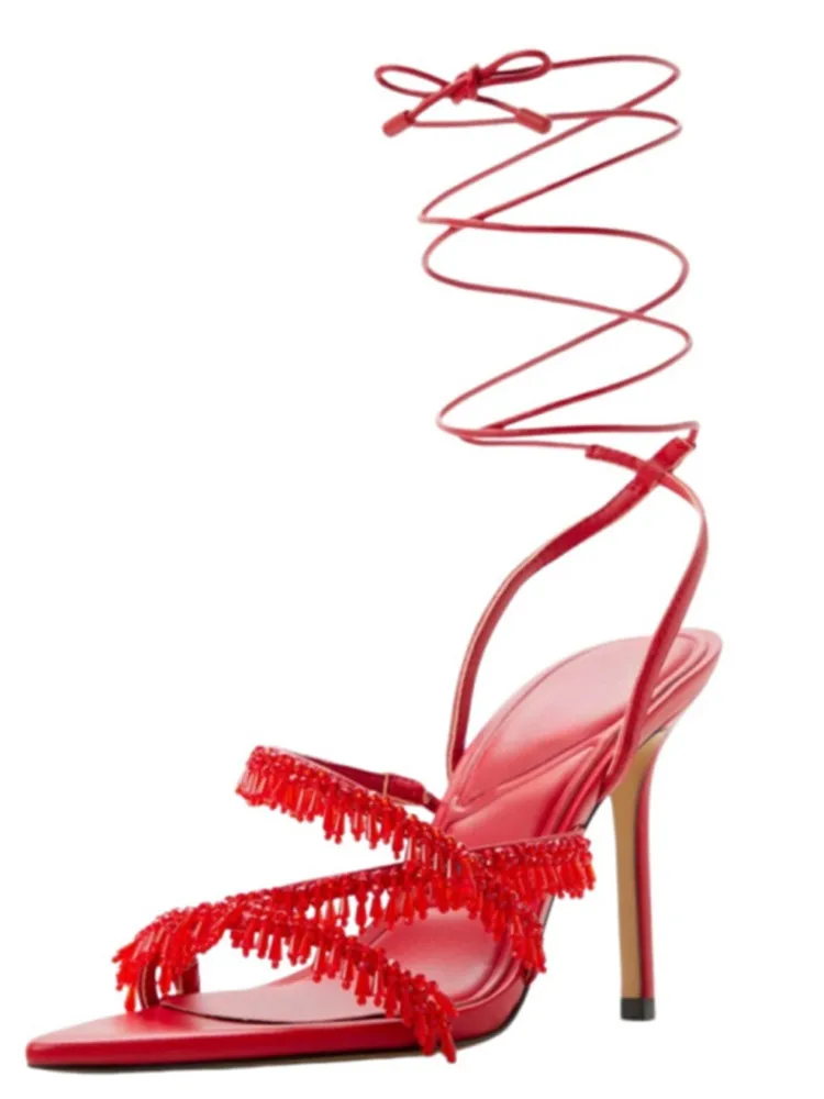 

2026 Summer Pointed Cross Strap Rhinestone Tassel High-heeled Sandals Fashion New Party Wedding Women's Sandals Dance Shoes