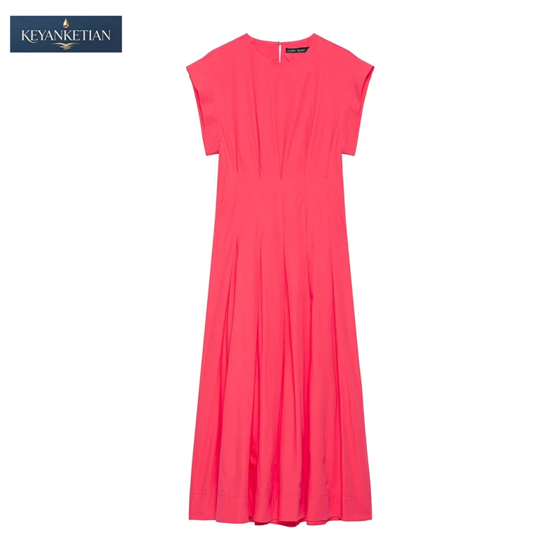 Vestido Midi KEYANKETIAN 2026 Minimalista de Oficina en Rosa Intenso, Corte Entallado con Cuello Redondo, Mangas Cortas y Pliegues Godet
