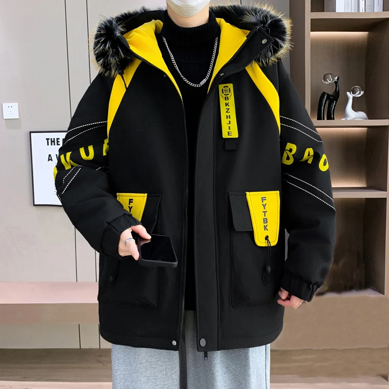

Casual Men's Detachable Fur Collar Thick Fleece Jackets 2025 Winter Youth Outwear Windproof Warm Plush Coats Tops Padded Parkas