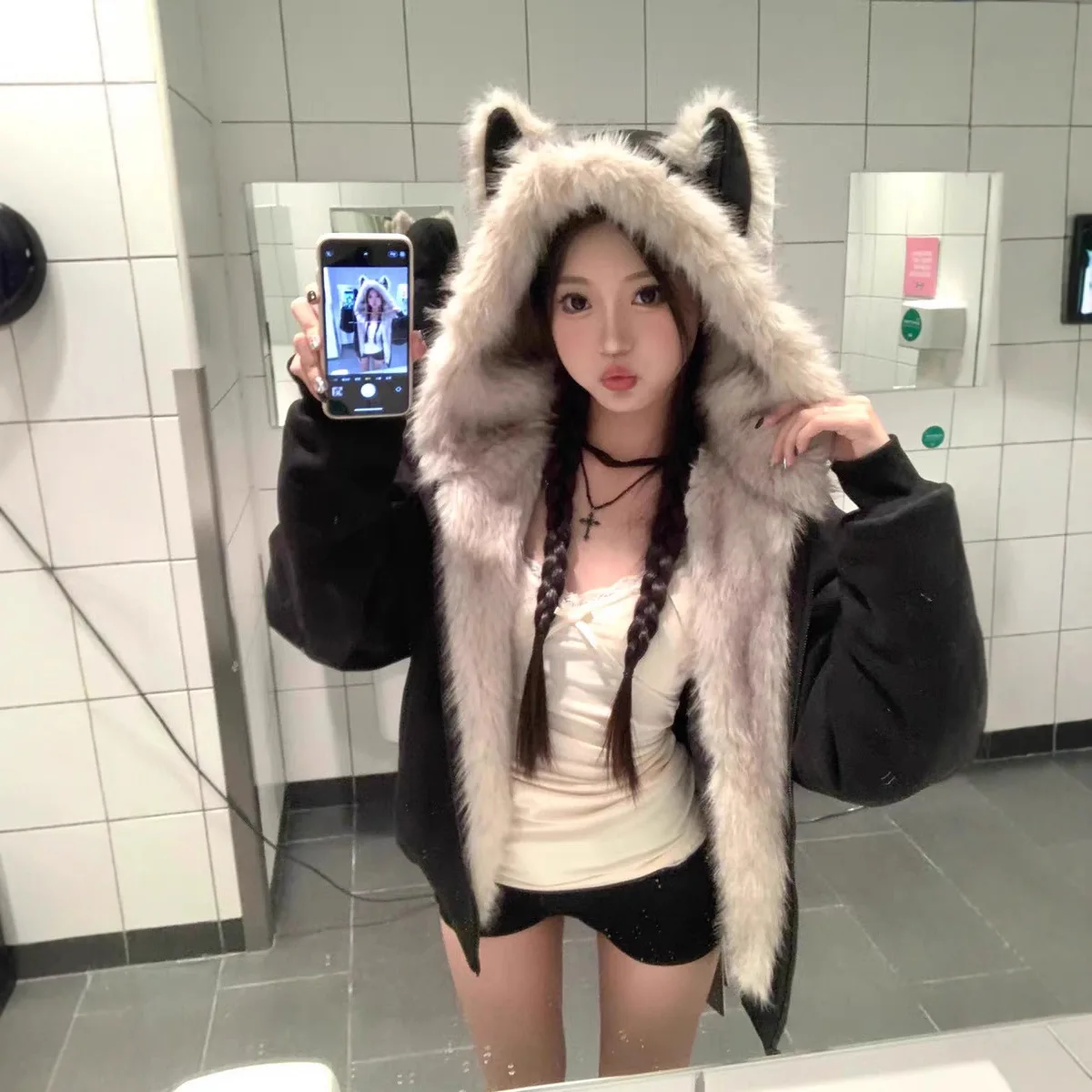 겨울 신상 우아한 라이너 퍼 루즈 코트 여성 Y2K 퍼 칼라 후드 두꺼운 패션 파카 캐주얼 아우터웨어 면 패딩 재킷