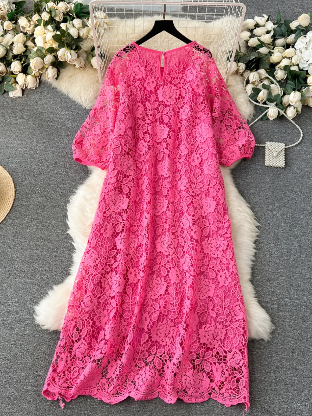 Sweet Lace Dr Women's New 2023 Retro Heavy Embroidery Hollow out Hook Flower Loose Slimming Long Dr Korean Sle Commute