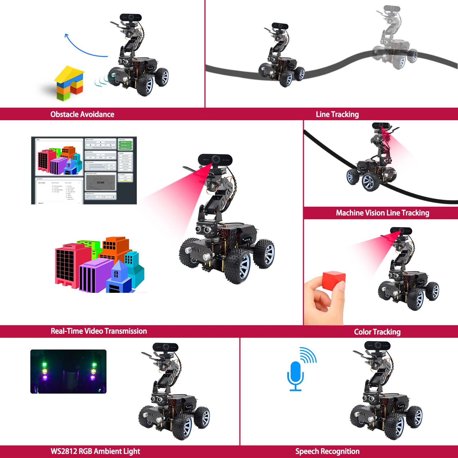 مجموعة الروبوتات Adeept PiCar Pro V2 (Raspberry Pi غير متضمنة)، سيارة ذكية مع ذراع آلي 4-DOF لـ Pi 5/4/3