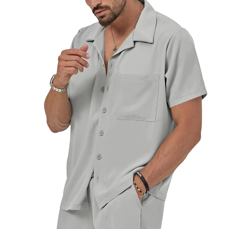 Summer Casual Men\'s Set Lightweight And Comfortable Men\'s Clothing Pocket Lapel Short-sleeved Shirt And Shorts Two-piece Suit