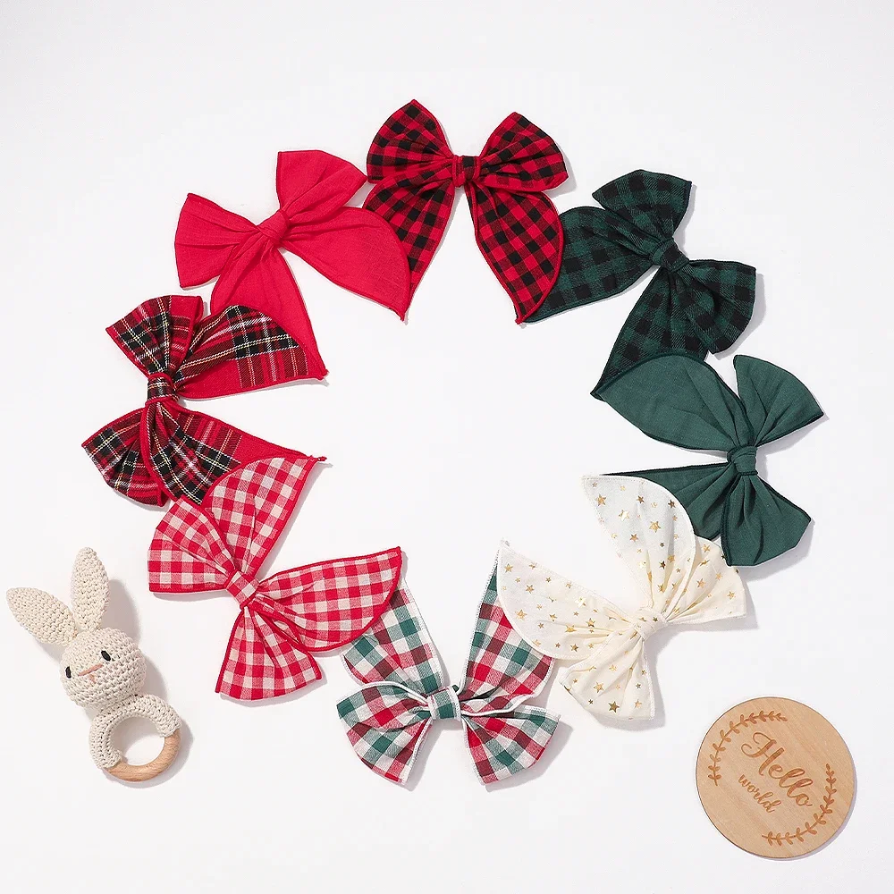 1Pc 5.7 Inch Cheer Bowknot Hairpin Classic Plaid Christmas color Fabric Hair Clips Handmade for Kids Baby Girls Hair Accessories