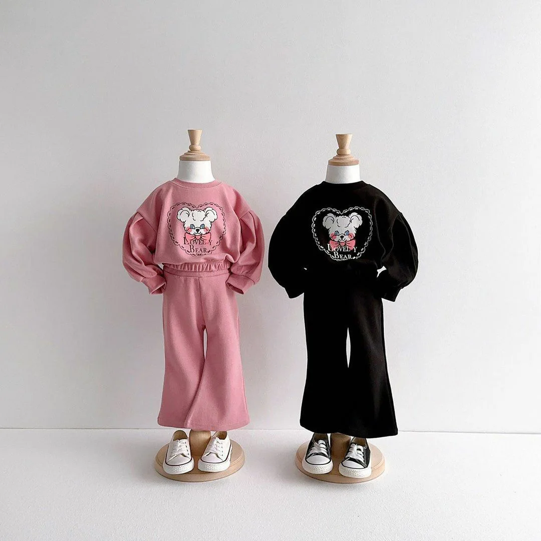 2024 Autumn New Children Long Sleeve Set Baby Girls Cartoon Print Sweatshirt + Flared Pants 2pcs Suit Cotton Kids Casual Outfits