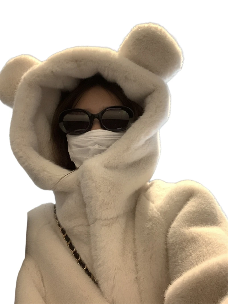 

Экологичная шуба из норки Little White Bear Ear, женская зимняя шуба из норки с капюшоном, молодой стиль