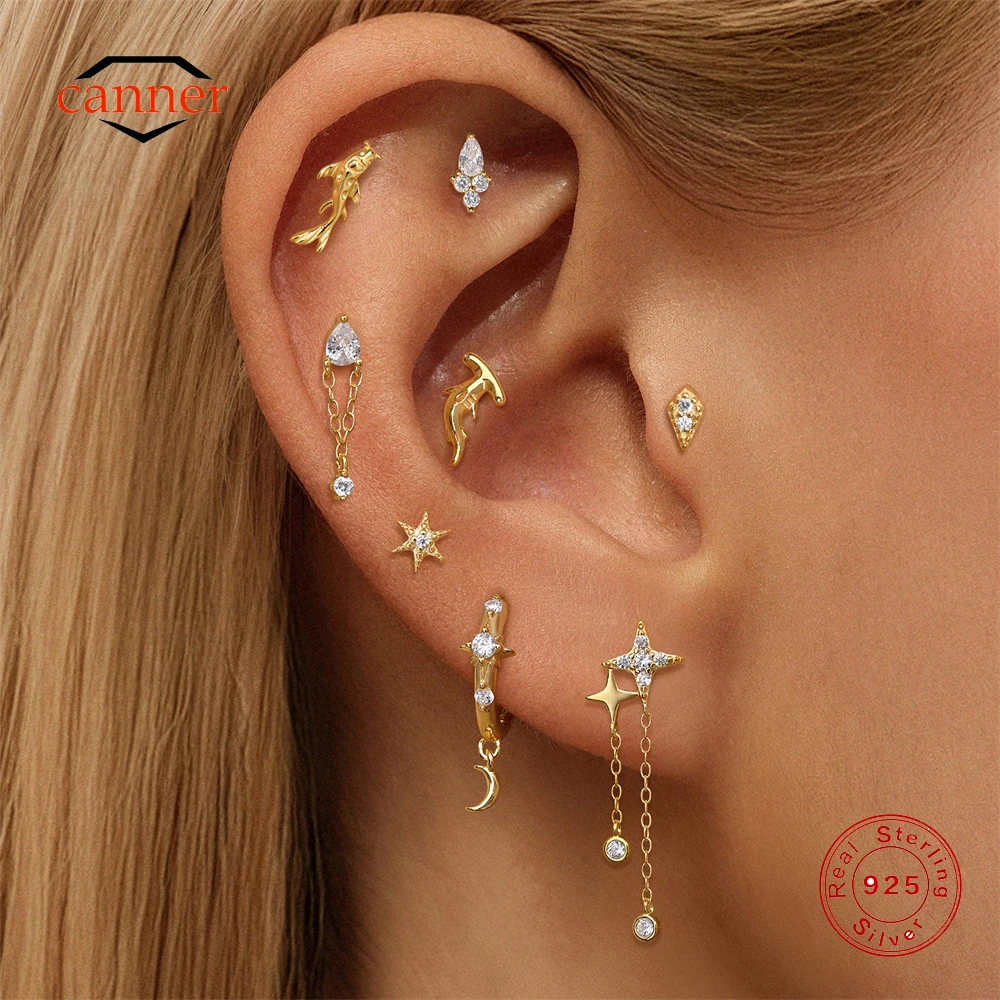 

CANNER 1PC 925 Sterling Silver Smooth Goldfish Hammerhead Shark Ear Bone Piercing Earring For Women Four Pointed Star Earrings