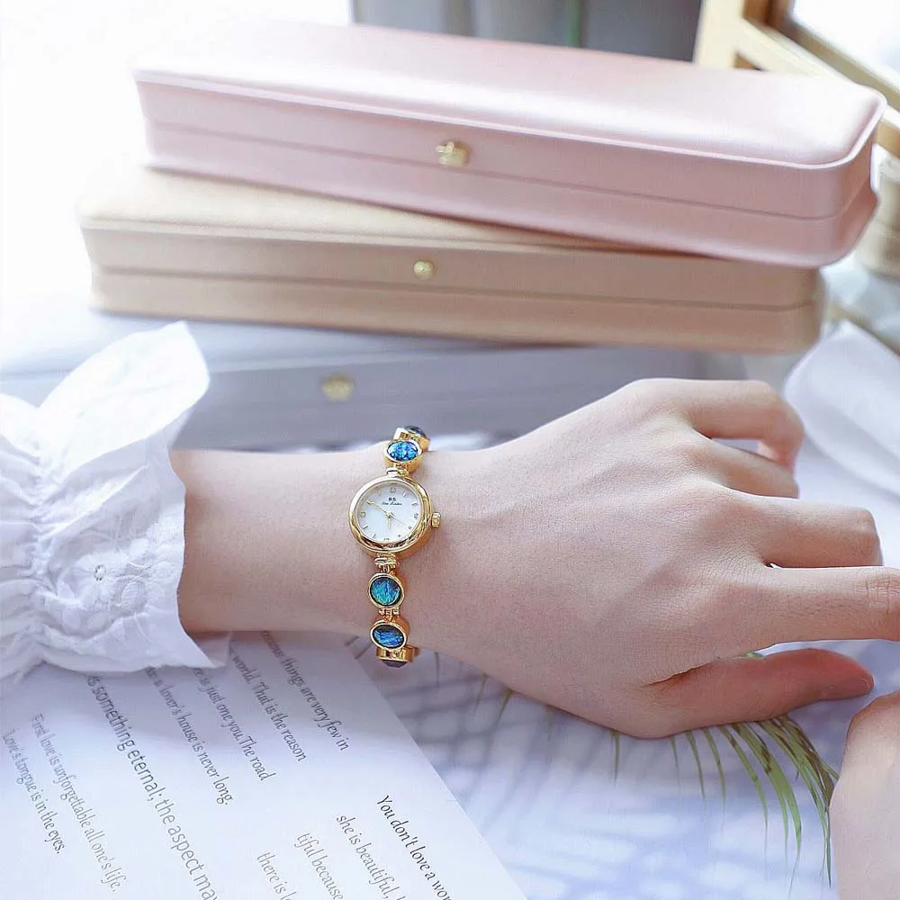 นาฬิกาข้อมือผู้หญิง BS รุ่นใหม่ สายแบบ Link Bracelet ประดับด้วยหินดิบสีรุ้ง สไตล์ INS ดีไซน์เปลี่ยนสีเหมือนมาลาไคต์ รุ่น FA1648 ของขวัญสำหรับสุภาพสตรี