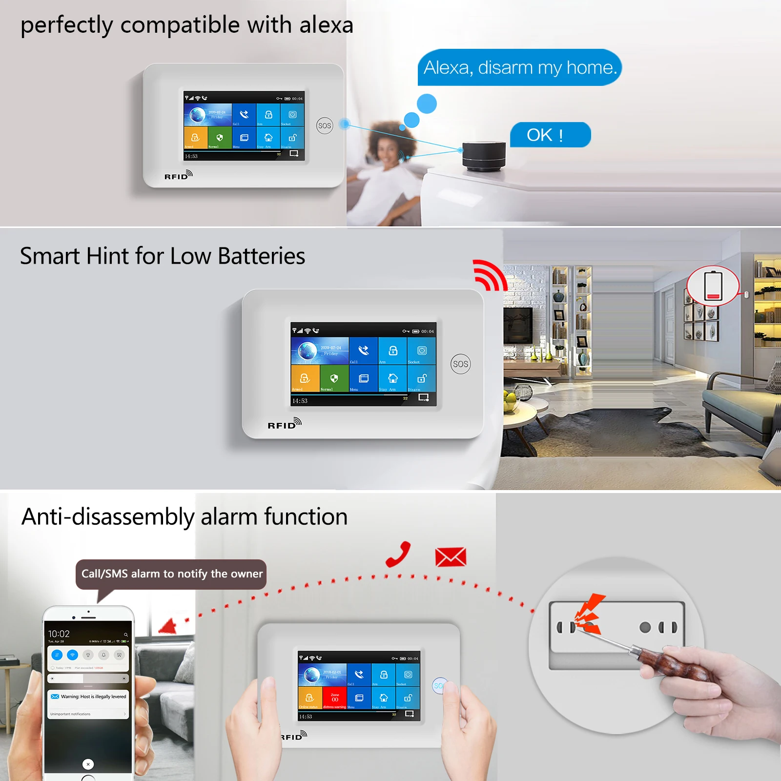 New 4.3 Inch Touch Panel WIFI GSM Wireless Home Burglar Alarm System Security Alarm Kit TUYA SmartLife APP Compatible With Alexa