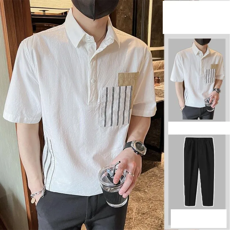 

Men's Clothing Summer Button Pullover Turn-down Collar Striped Short Sleeve Shirt High Waist Zipper Loose Solid Color Pants Set