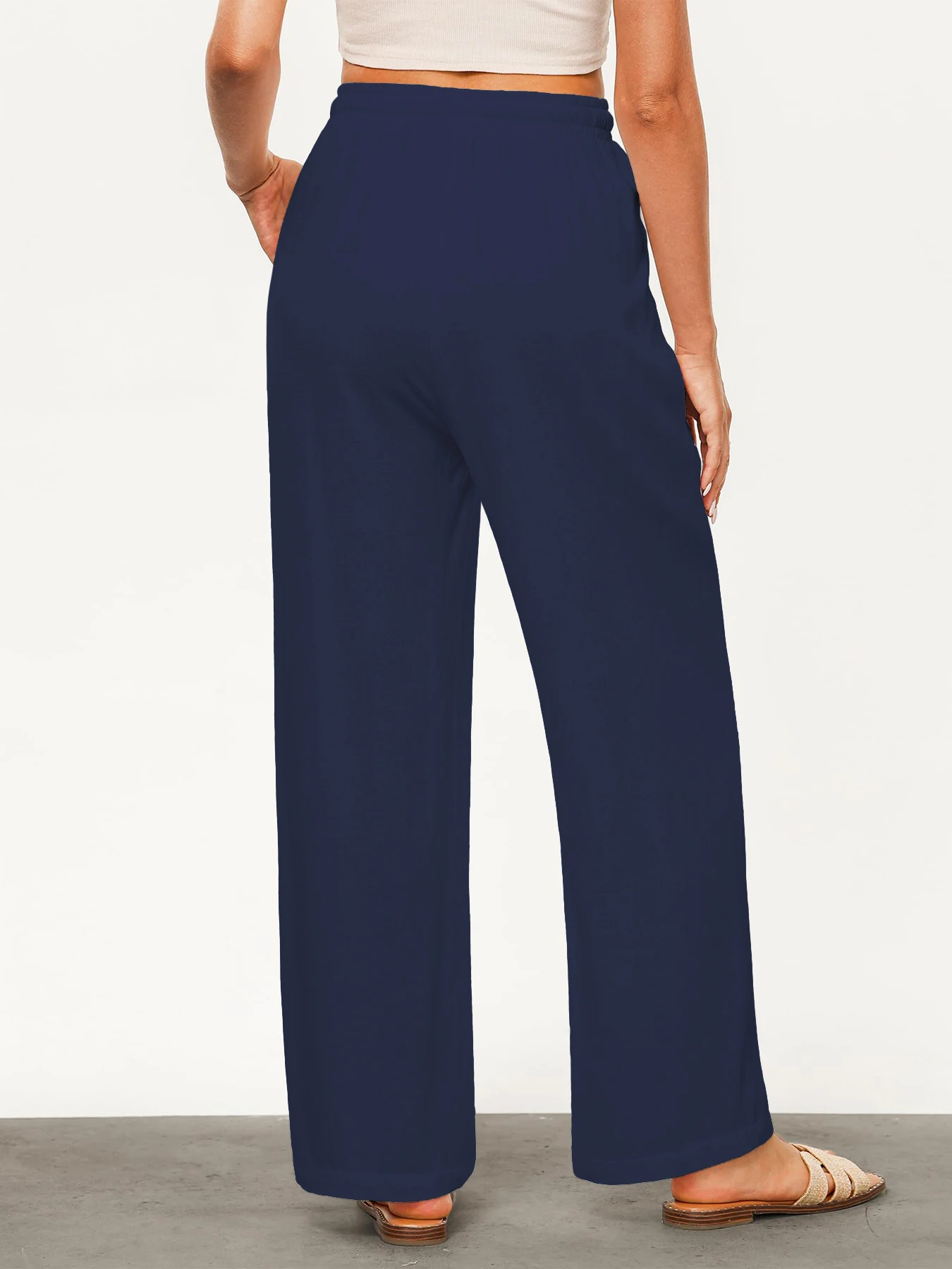 Einfarbige, lockere, weit geschnittene Hose für Damen, lässige, gerade Hose mit Kordelzug, lässige Hose mit Taschen, lockere Hose mit hoher Taille – Detail 13