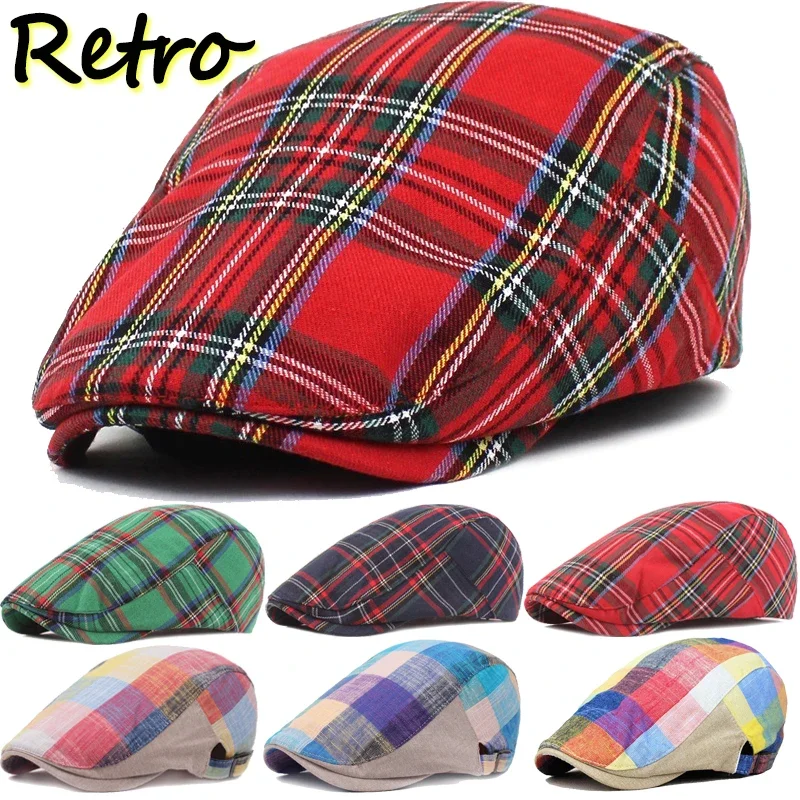 Moda retro xadrez listra vintage casquette masculino feminino boina de algodão britânico pára-brisa chapéu rua jornal boné artista chapéus