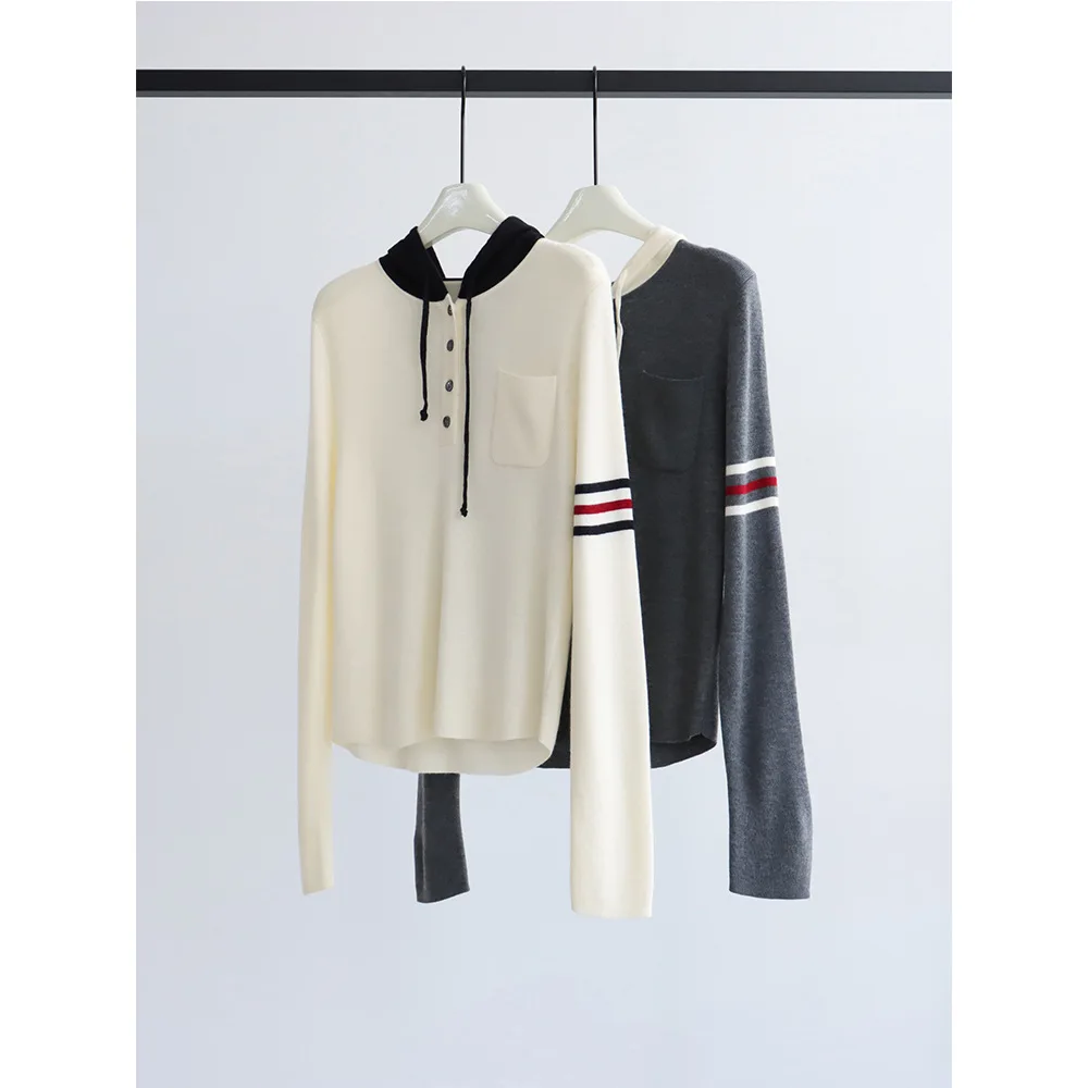Autumn Winter Wool Blend Hooded Knitted Long Sleeve Casual Top Women's Half Placket Sweater Three Bars New Style Comfortable Fit