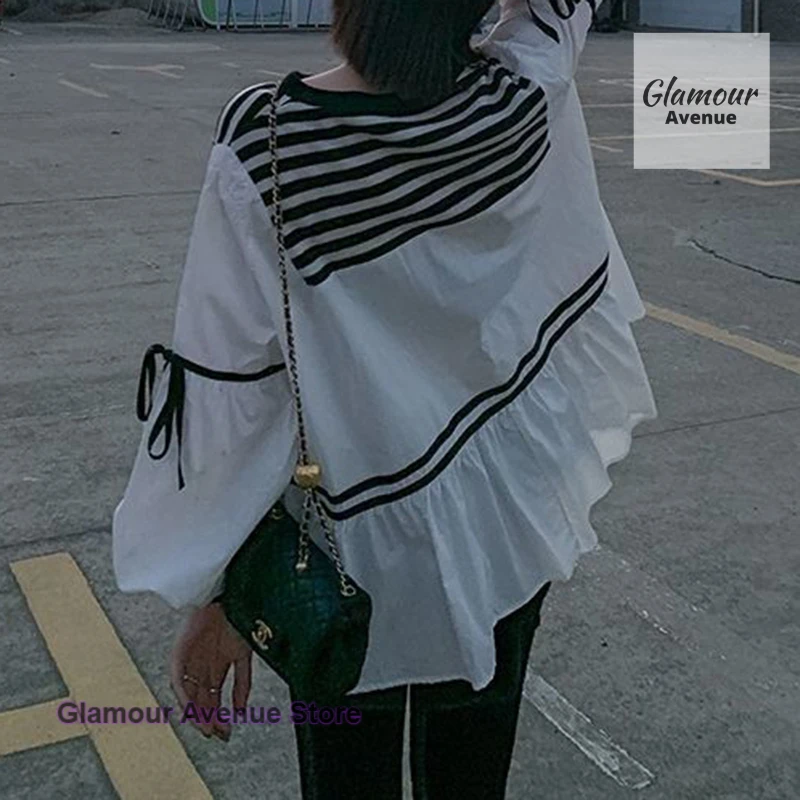 Camisa de manga larga con cordones a rayas blancas y negras de estilo coreano para mujer primavera y otoño nueva moda temperamento costura top