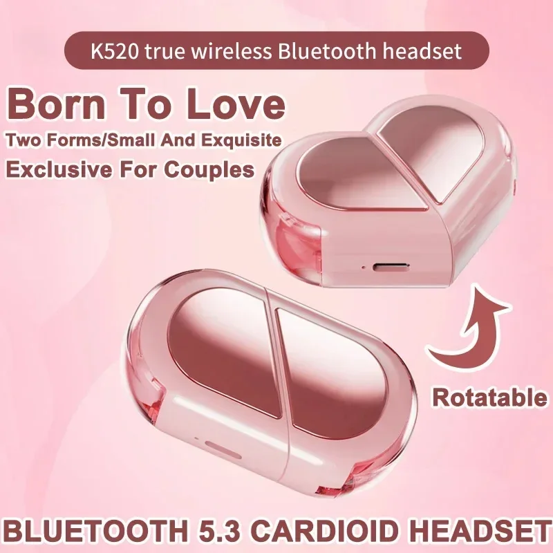 Fashion Wireless Earbuds Stereo Earphones with Rotatable Love Heart Shaped Charging Case Low Latency Headphones for Phone Tablet