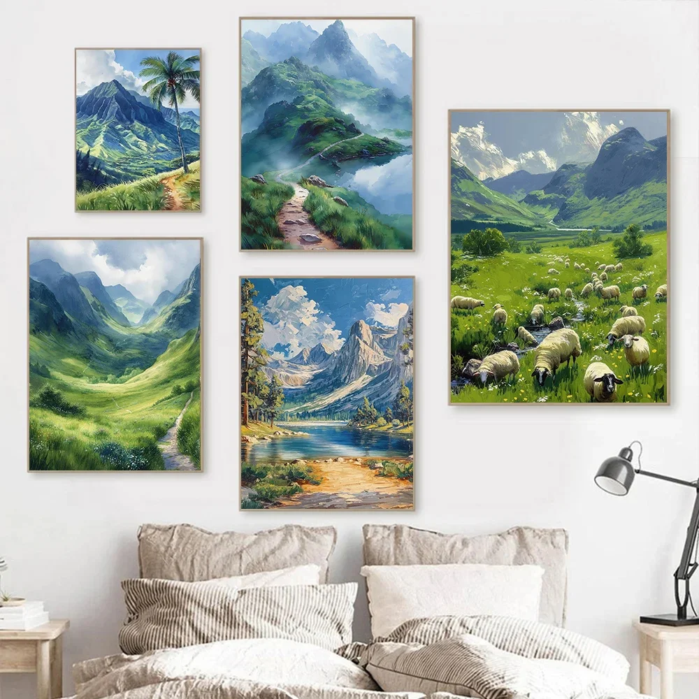 Multiple sizes 1pc frameless Canvas Painting,Spring Comic Style Prairie Wildflower Snow Mountain Island Forest Scenery Poster Ca