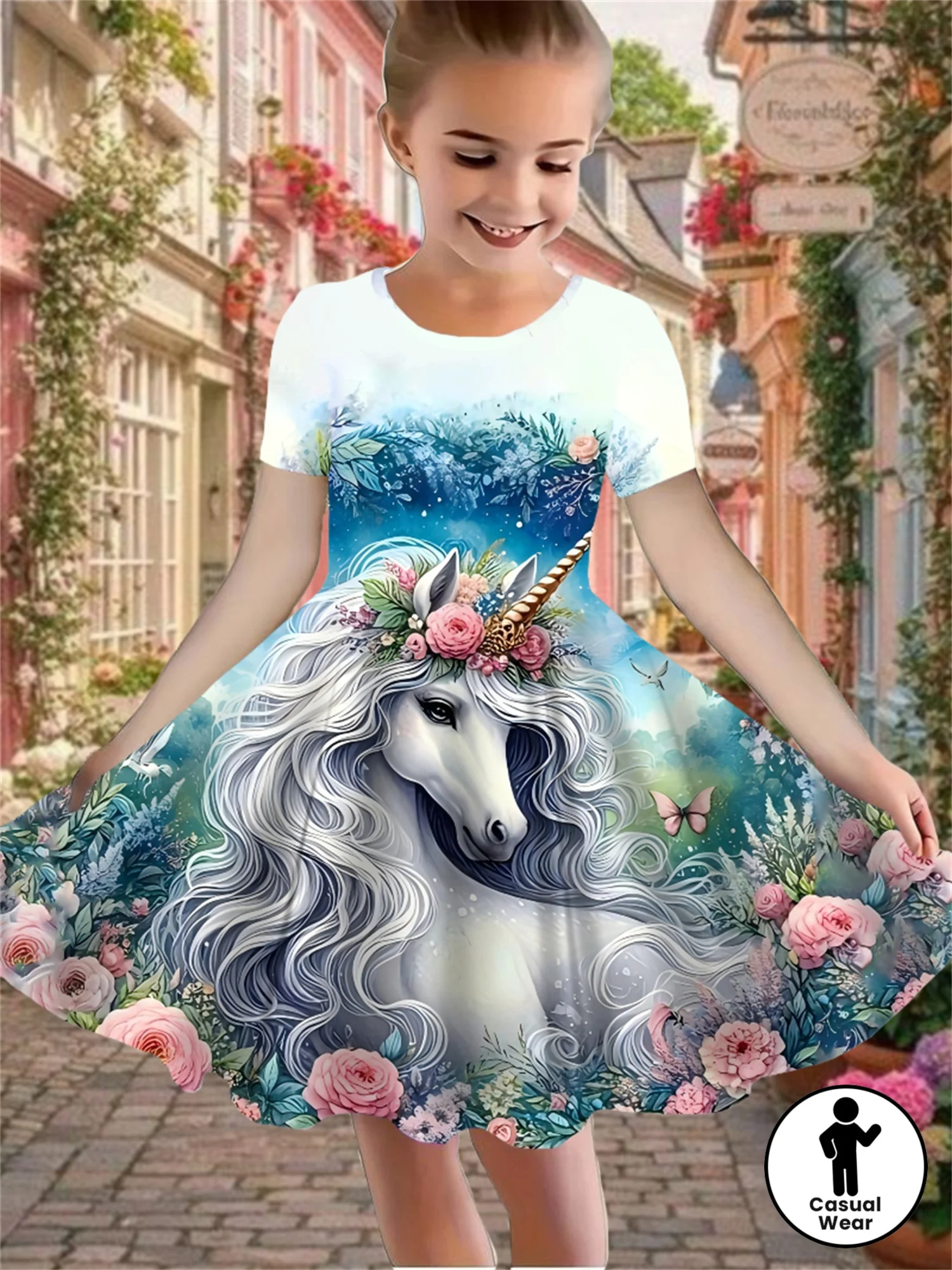 Floral Unicorn Short Sleeve Dress, Rose Flower & Butterfly Print Girls Swing Dress for Birthday Party and Photoshoot