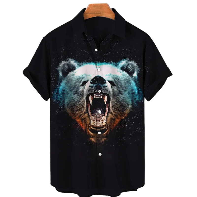Harajuku Fashion Bear Graphic Blouses Funny Animal 3D Printed Shirts For Men Clothes Casual Mens Lapel Blouse Button Clothing
